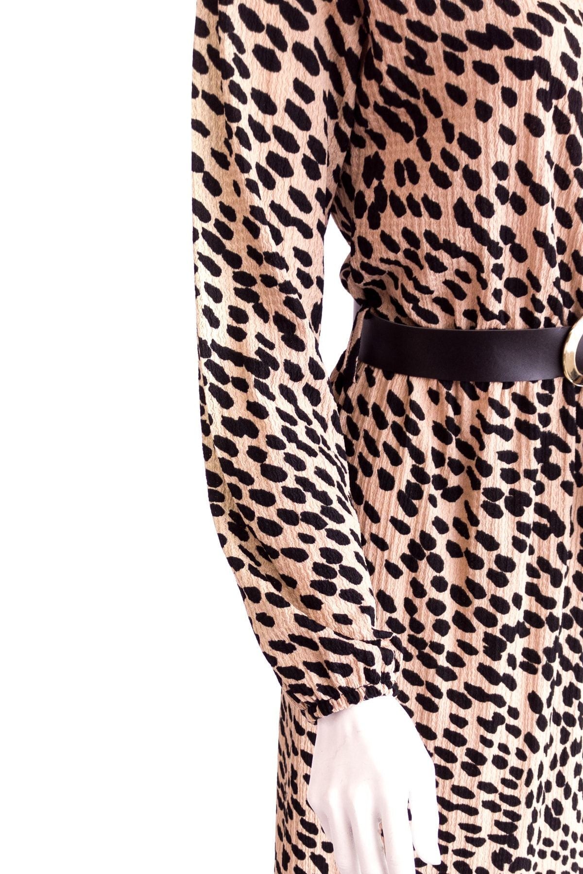 Kadın Leopar Desenli Butik Elbise Beli Kemerli Ve Lastikli Dar Kesim Likralı Krinkle Kumaş